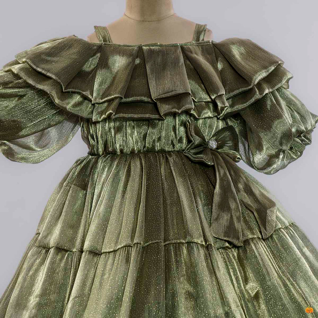Green Off Shoulder Frill Gown for Girls Close Up View