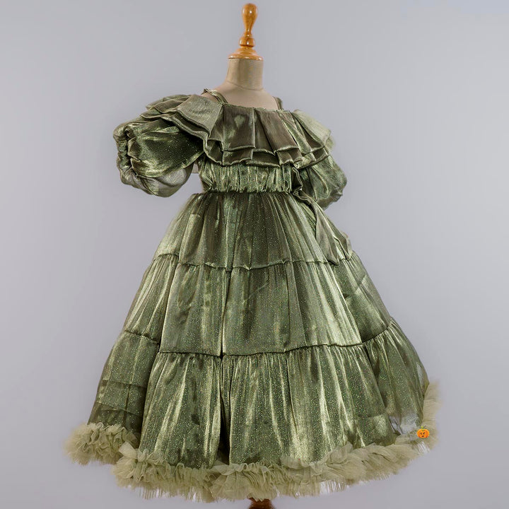 Green Off Shoulder Frill Gown for Girls Side View