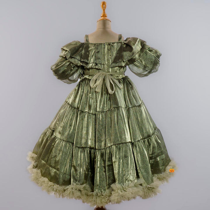 Green Off Shoulder Frill Gown for Girls Back View