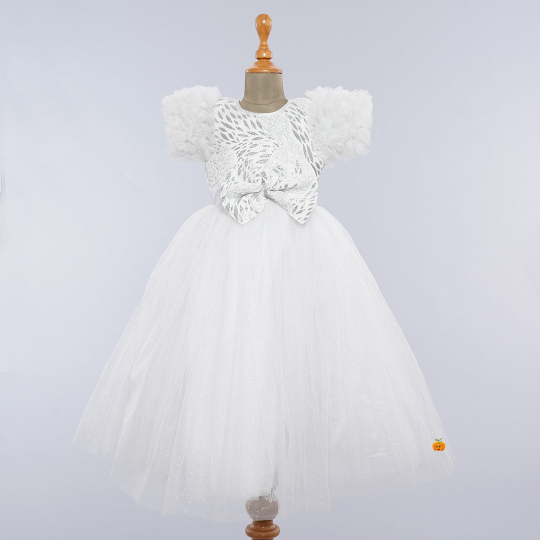 White Ruffled Sleeves Bow Girlish Gown Front View