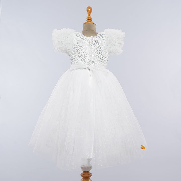 White Ruffled Sleeves Bow Girlish Gown Back View