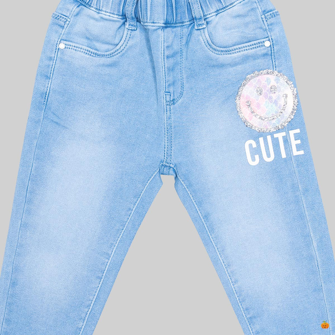 Light Blue Slim Fit Jeans for Girls Close Up View