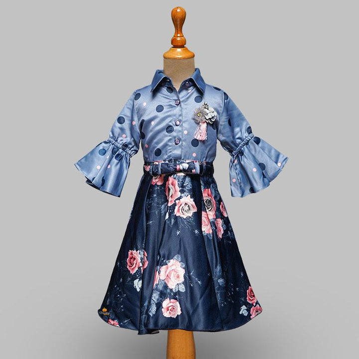 Kids Frock in Polka Dot Shirt and Rose Skirt Front View 