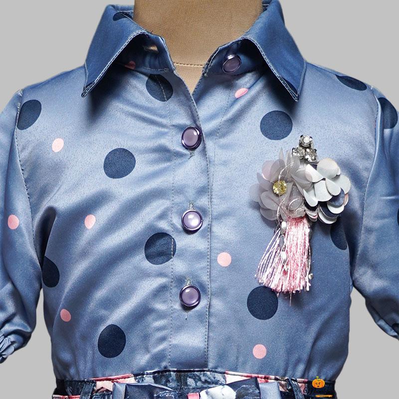 Kids Frock in Polka Dot Shirt and Rose Skirt Close Up View