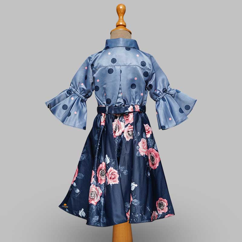 Kids Frock in Polka Dot Shirt and Rose Skirt Back View