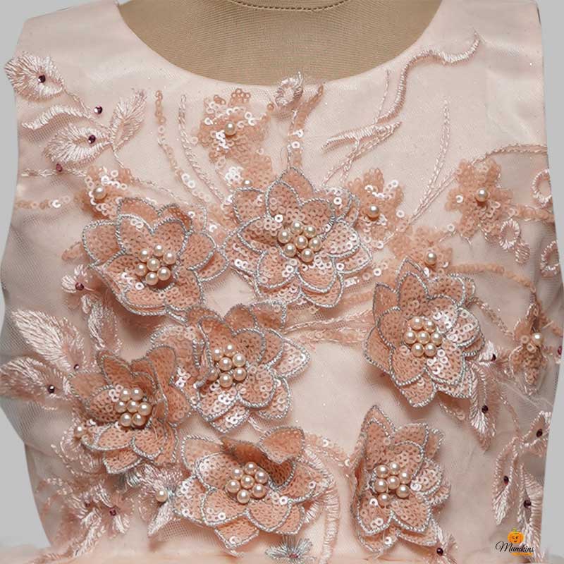 Peach Layer Frock for Kids with Sequin Motif Close up View