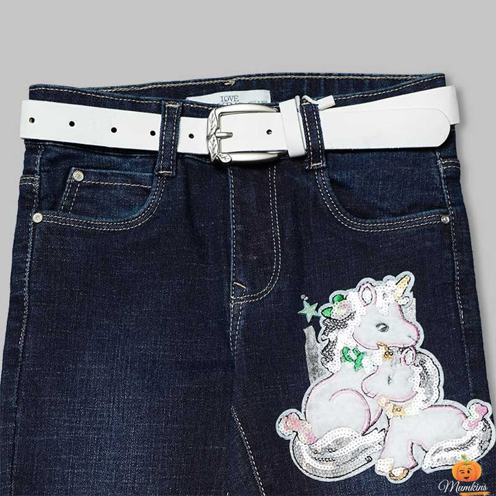 Jeans for Girls and Kids with Unicorn Design Close Up View