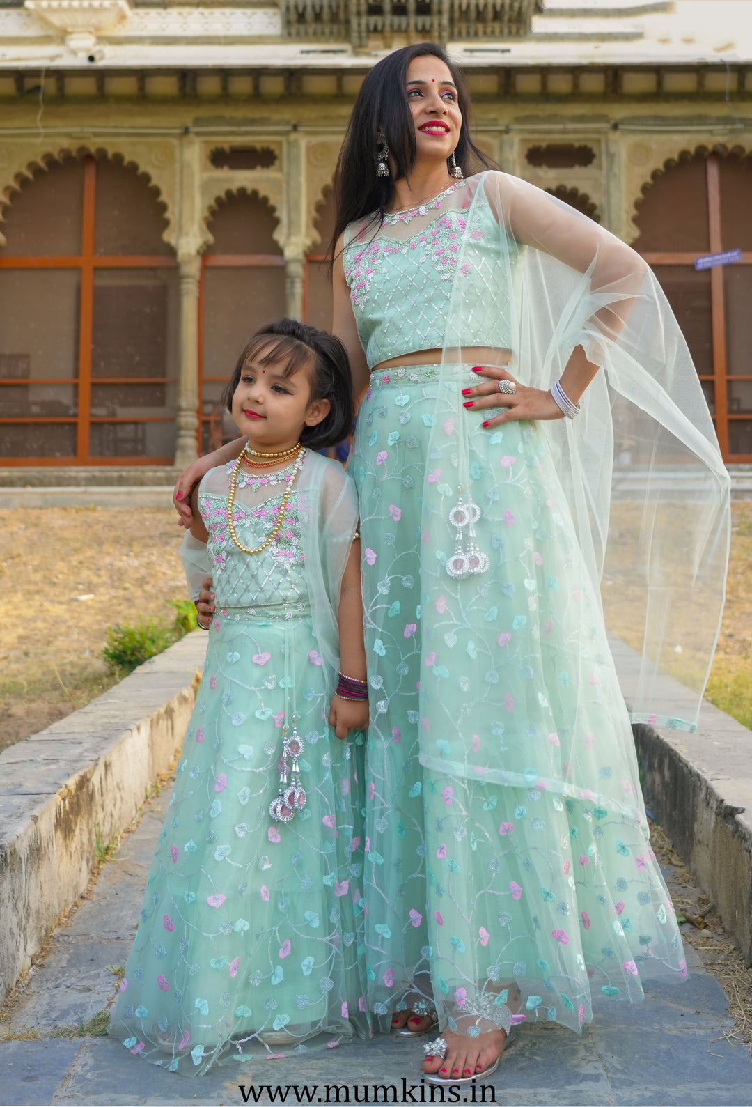 Pakistani Same Party Dress For Mom And Daughter Silk Lehenga