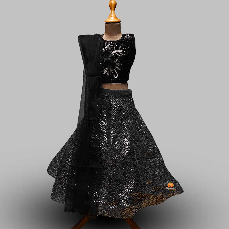 Black Sequin Girls Lehenga Choli Front View