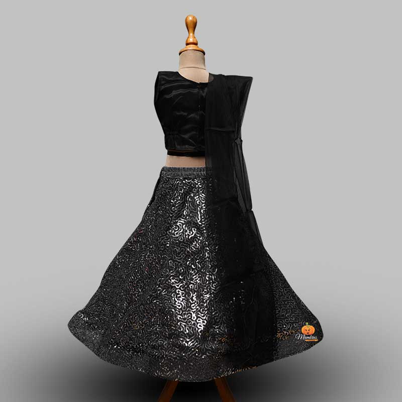 Black Sequin Girls Lehenga Choli Back View