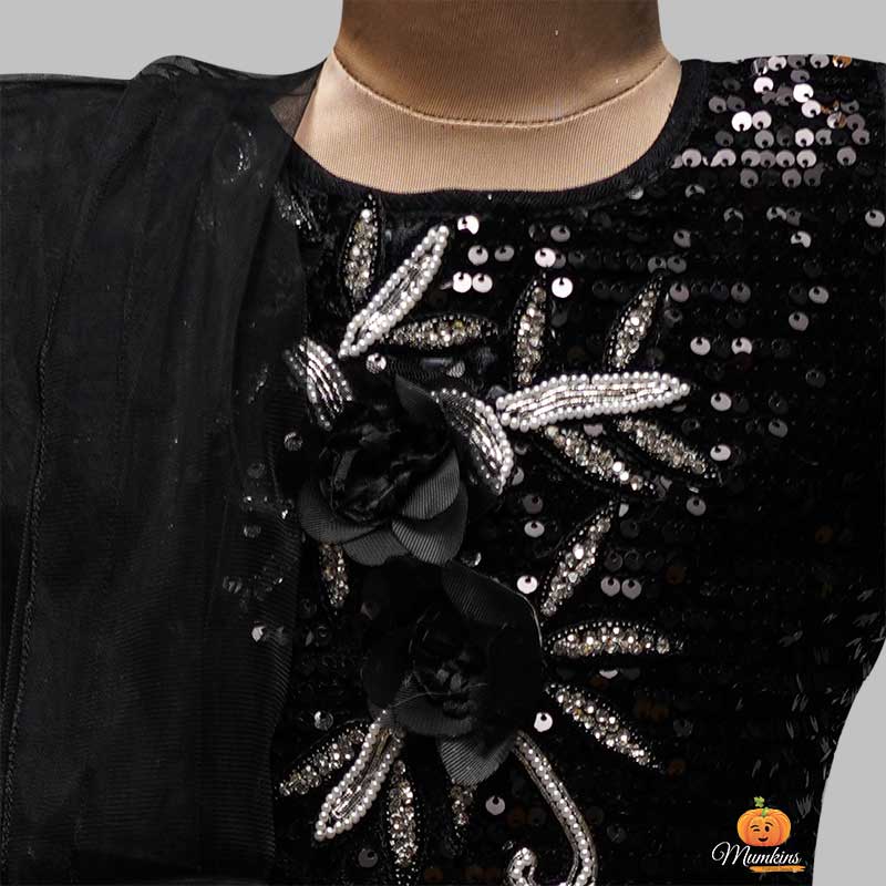 Black Sequin Girls Lehenga Choli Close Up View