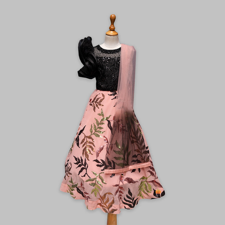 Black Sequin One Shoulder Girls Lehenga Choli Front View