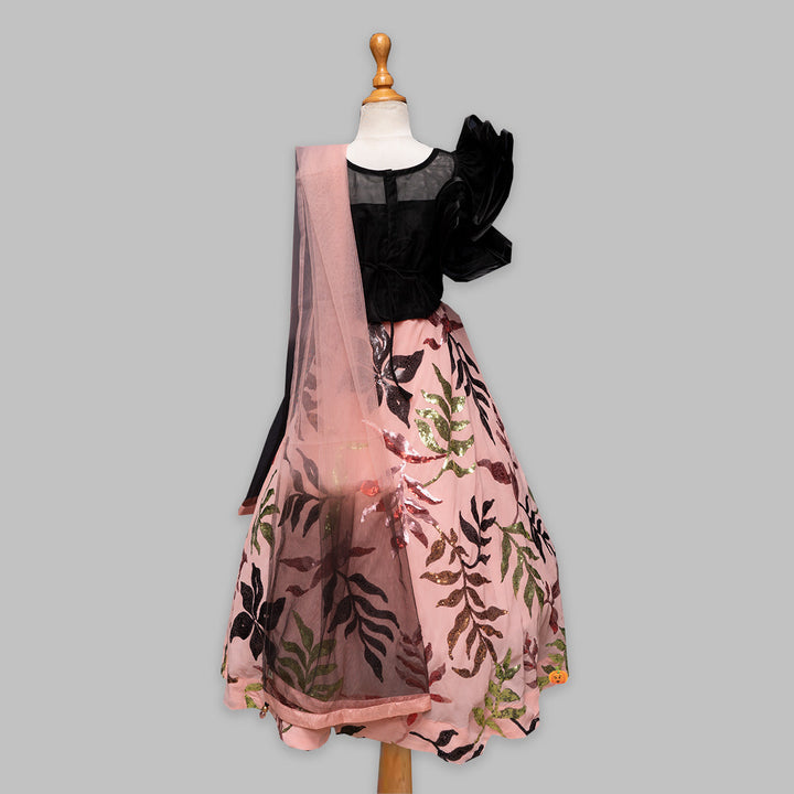 Black Sequin One Shoulder Girls Lehenga Choli Back View
