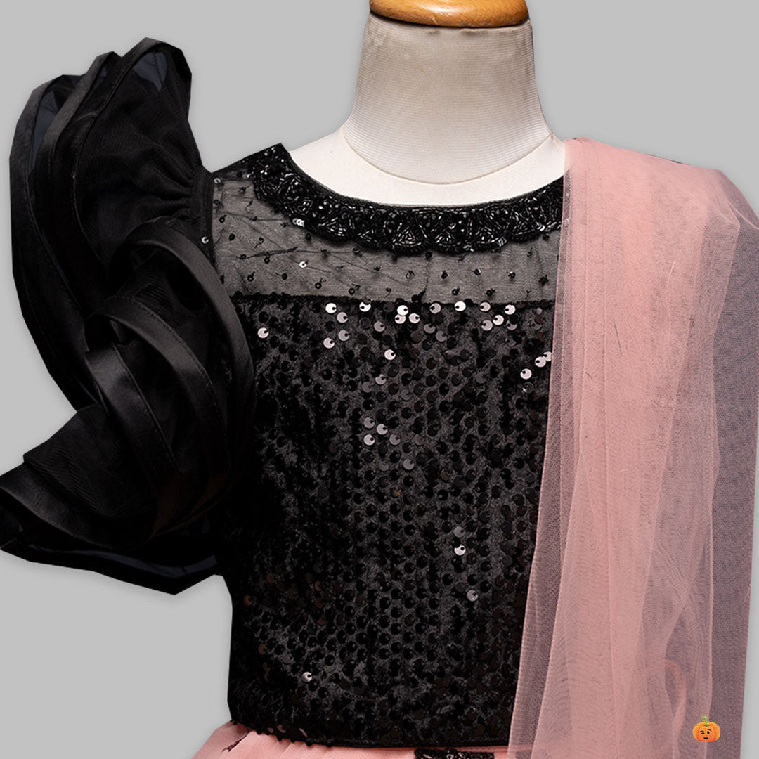 Black Sequin One Shoulder Girls Lehenga Choli Close Up View