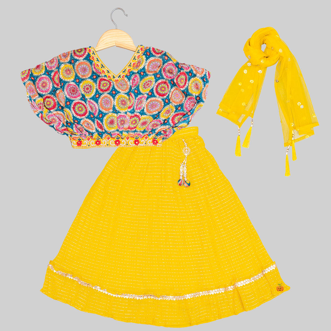 Rama & Yellow Phulkari Pattern Girls Lehenga Choli Front View