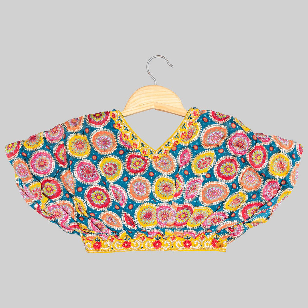 Rama & Yellow Phulkari Pattern Girls Lehenga Choli Top View