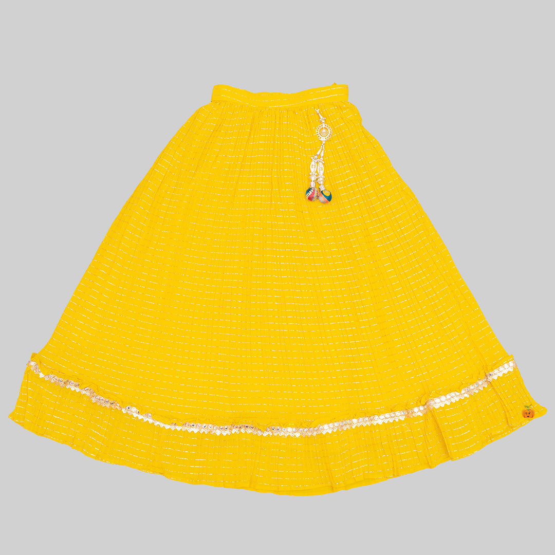 Rama & Yellow Phulkari Pattern Girls Lehenga Choli Bottom View
