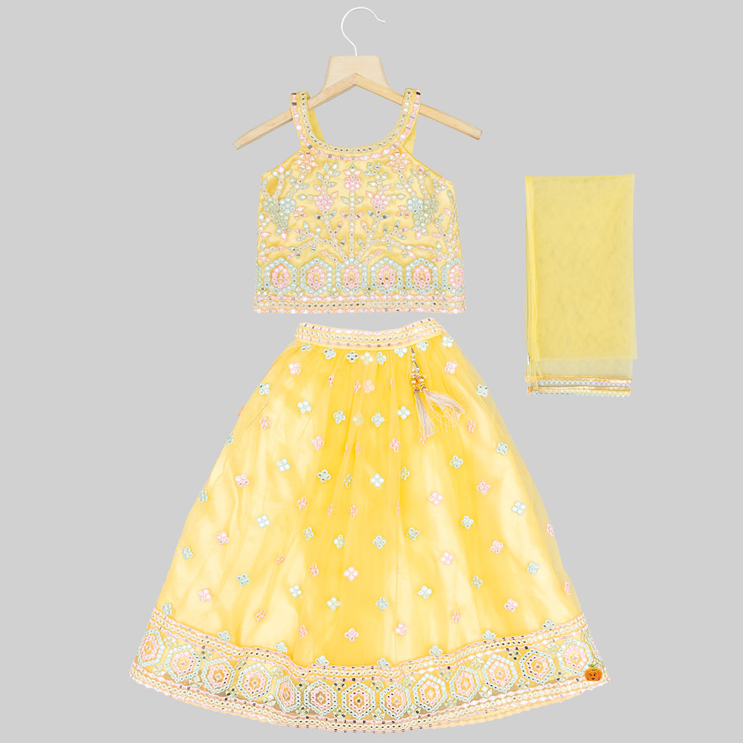 Yellow Embroidered Girls Lehenga Choli Front View