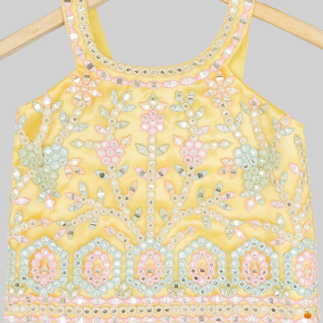 Yellow Embroidered Girls Lehenga Choli Close Up View
