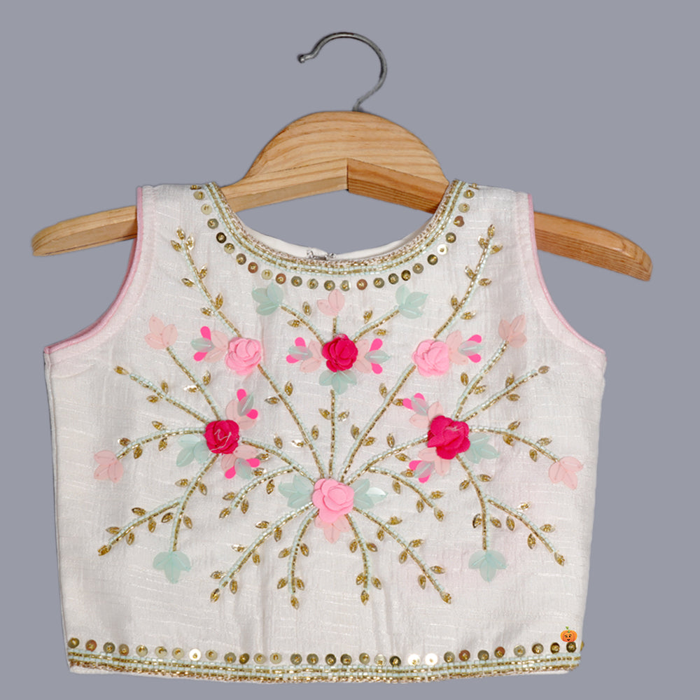 Cream Floral Work Girls Lehenga Choli Top View