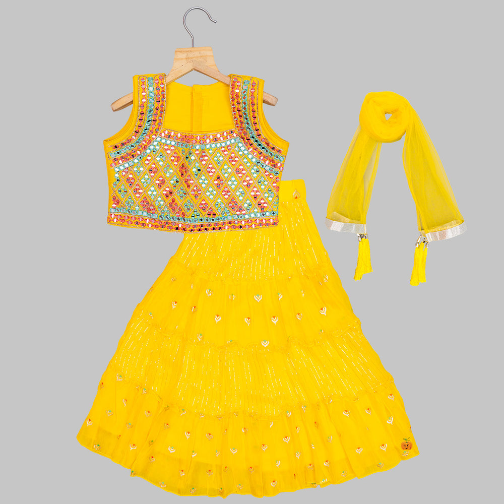 Yellow Mirror Work Lehenga Choli for Girls Front View