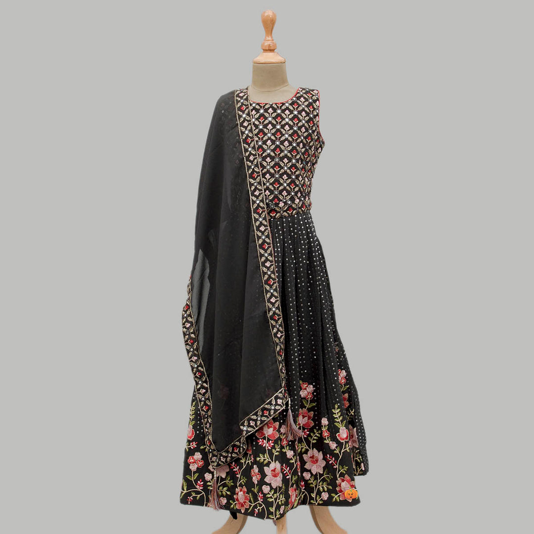 Dark Grey Floral Girls Lehenga Choli Front View