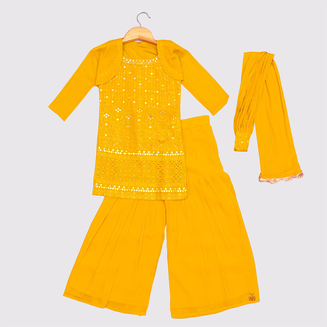 Mustard Mirror Work Girls Sharara Suit Front View