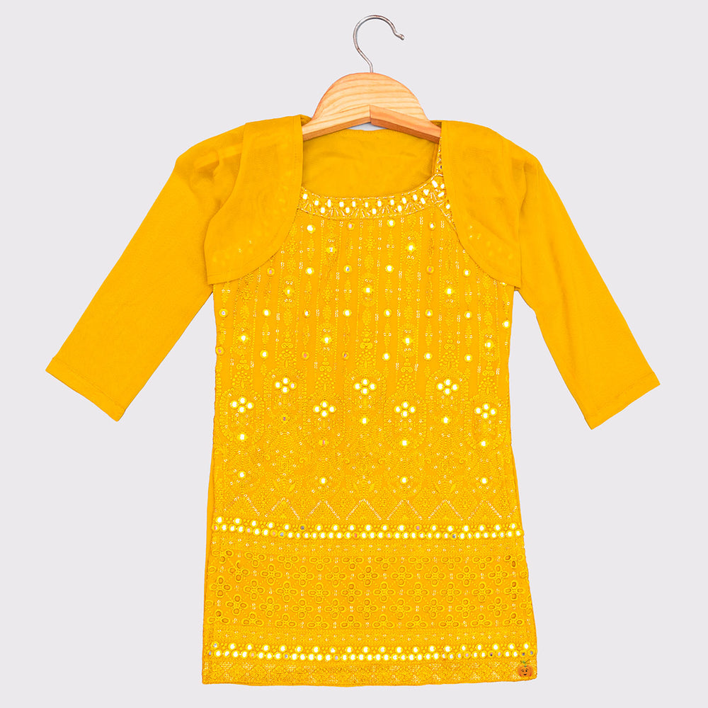 Mustard Mirror Work Girls Sharara Suit Top View