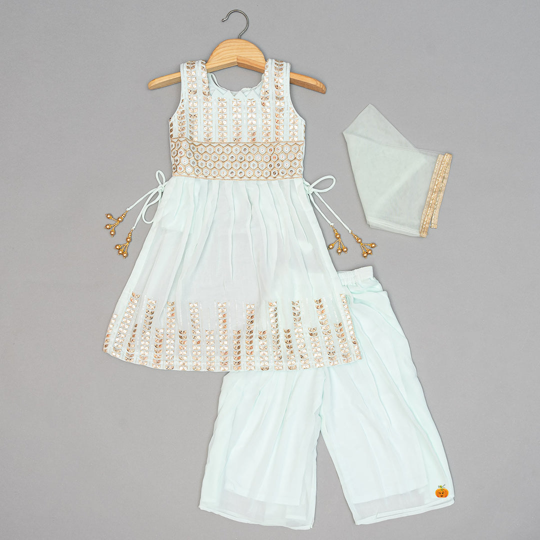 Sky Blue Embroidered Girls Palazzo Suit Top View