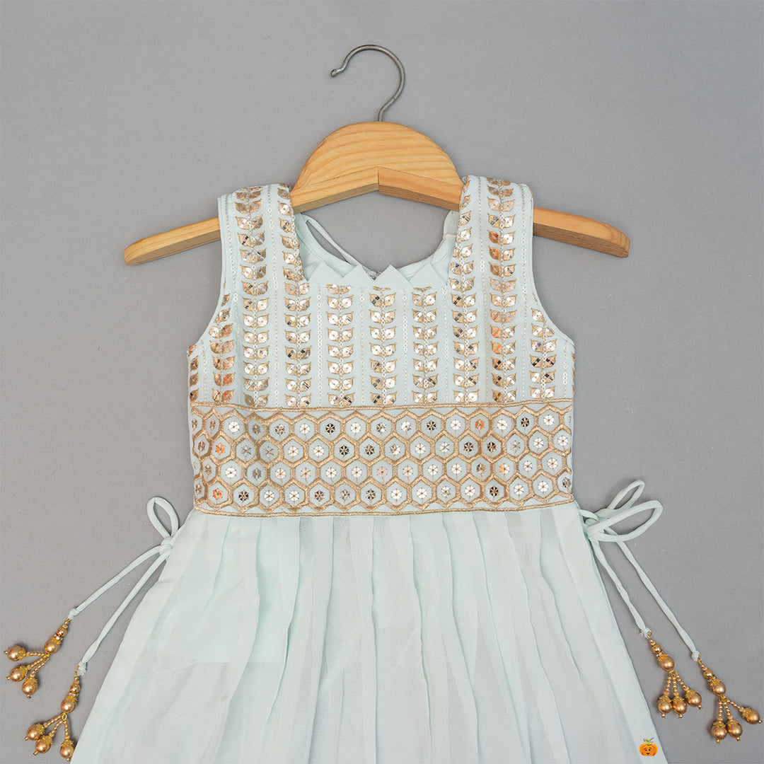 Sky Blue Embroidered Girls Palazzo Suit Close Up View