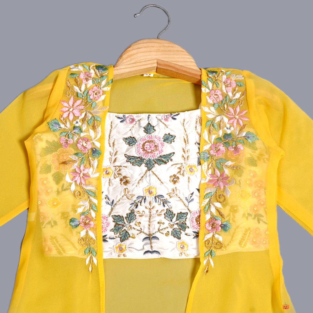 Yellow Floral Embroidery Girls Palazzo with Shrug Close Up View