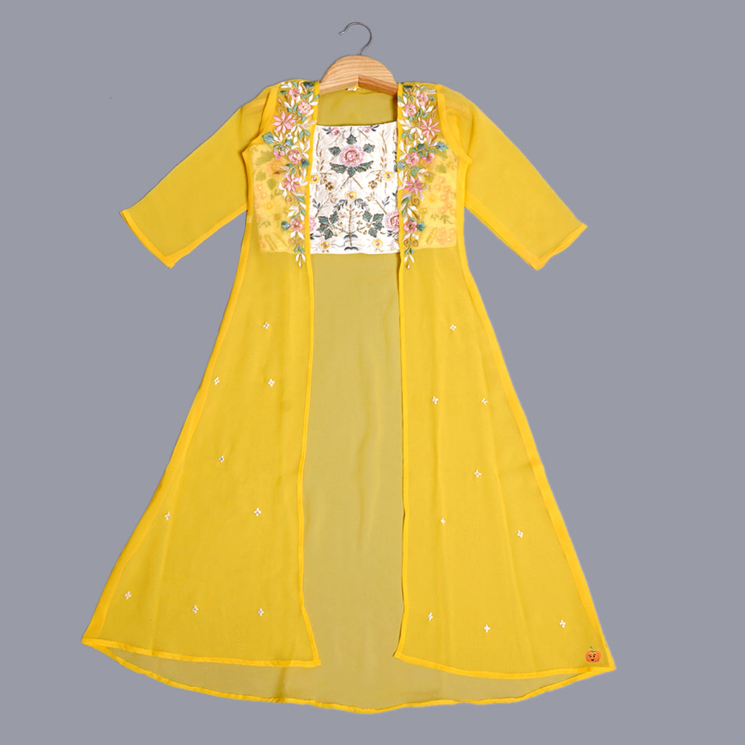 Yellow Floral Embroidery Girls Palazzo with Shrug Front View