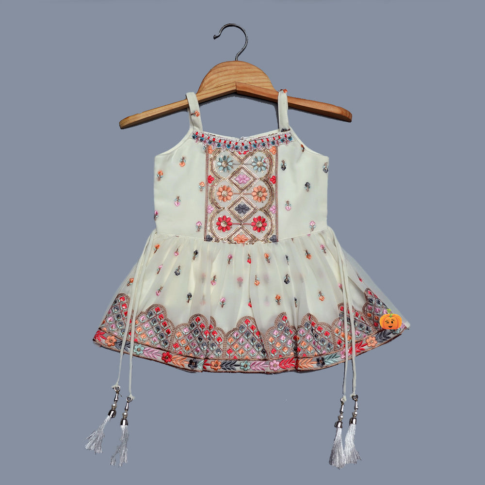 Cream Embroidered Girls Palazzo Suit Top View