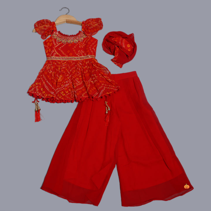 Red Ruffled Sleeves Girls Palazzo Suit Front View
