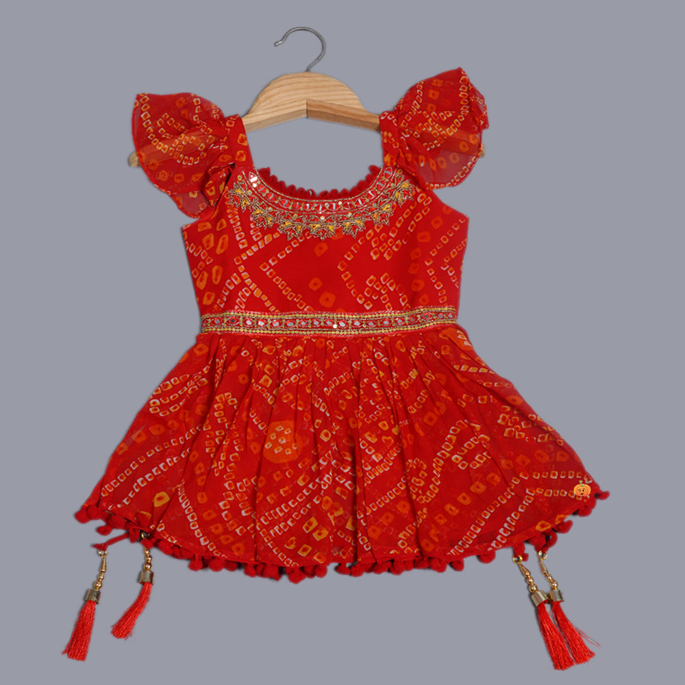 Red Ruffled Sleeves Girls Palazzo Suit Top Front View