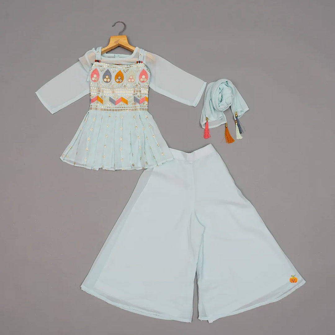 Sky Blue Embroidered Girls Palazzo Suit Front View