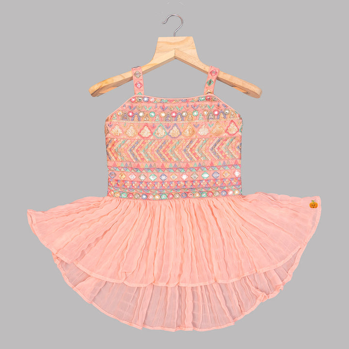Peach & Sky Blue Sequin Embroidered Girls Palazzo Suit Top View