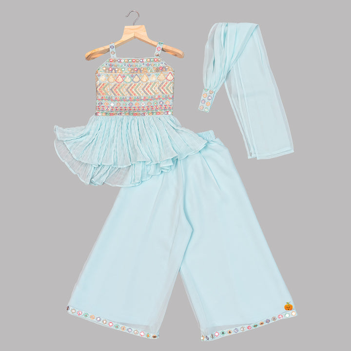 Peach & Sky Blue Sequin Embroidered Girls Palazzo Suit Front View
