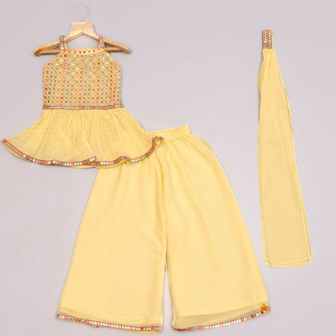 Lemon Mirror Embroidery Girls Palazzo Suit Front View