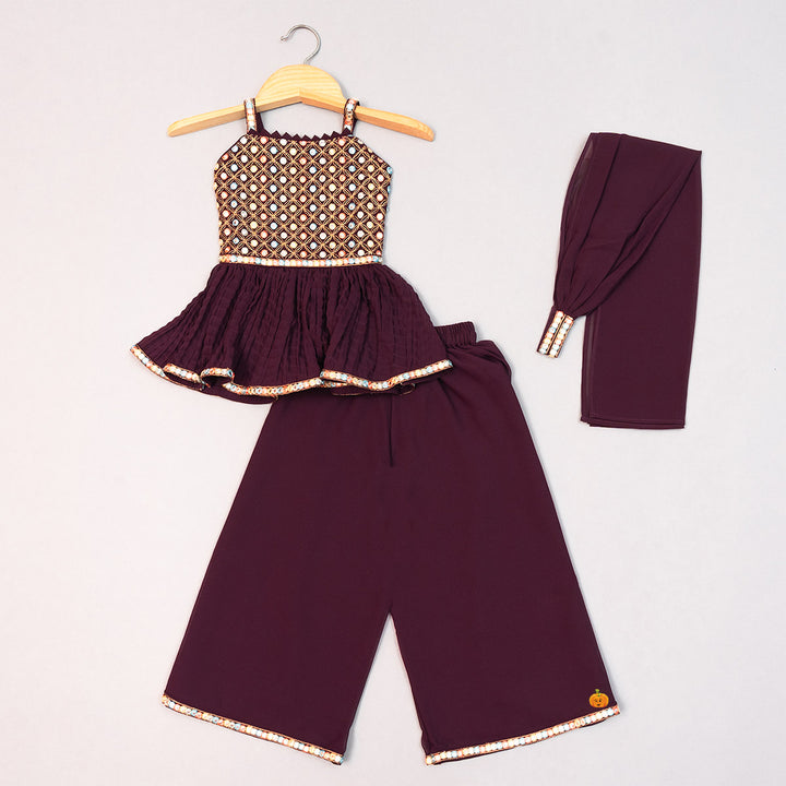 Wine Mirror Embroidery Girls Palazzo Suit Front View