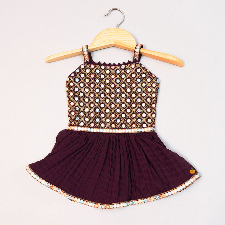 Wine Mirror Embroidery Girls Palazzo Suit Top View