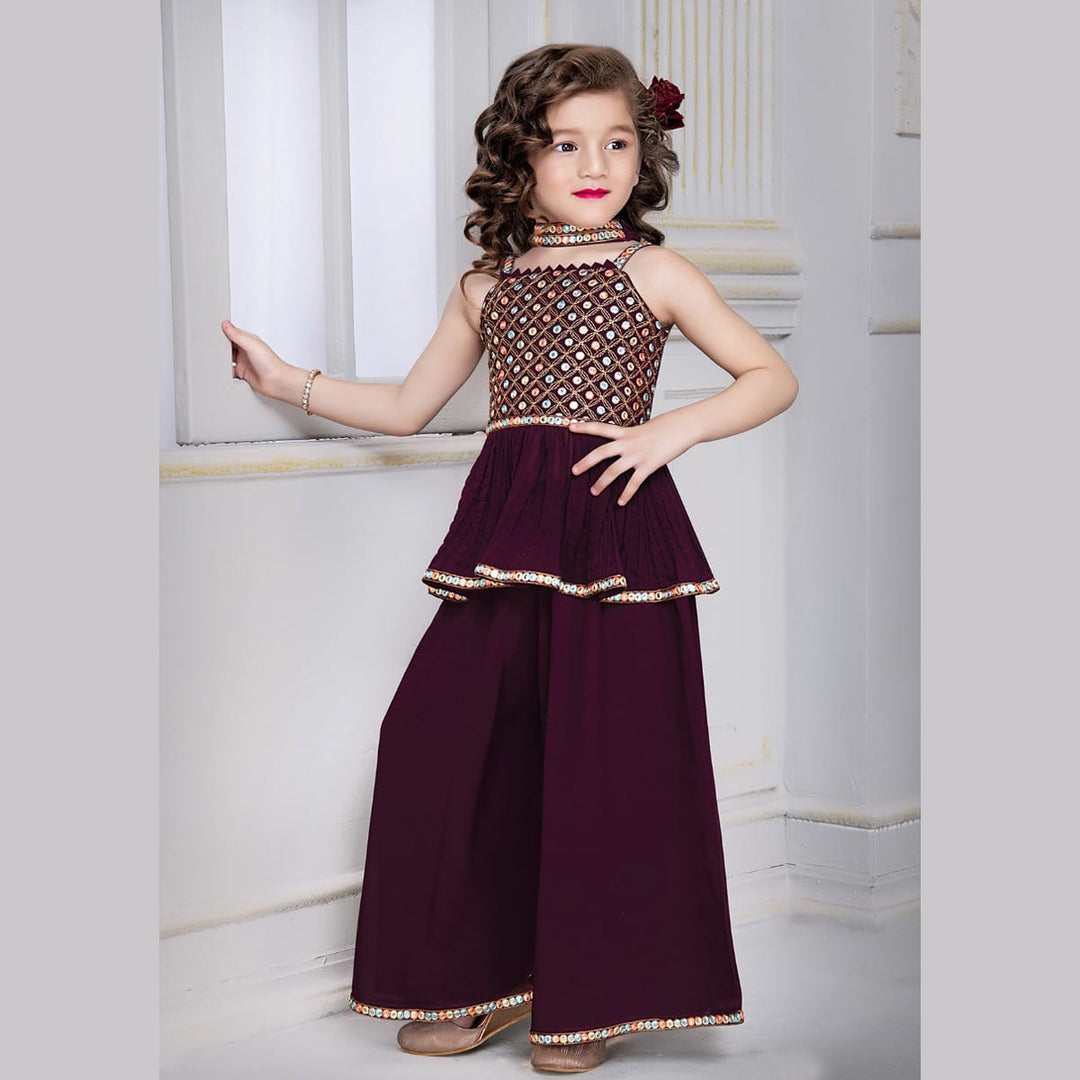 Wine Mirror Embroidery Girls Palazzo Suit Front View