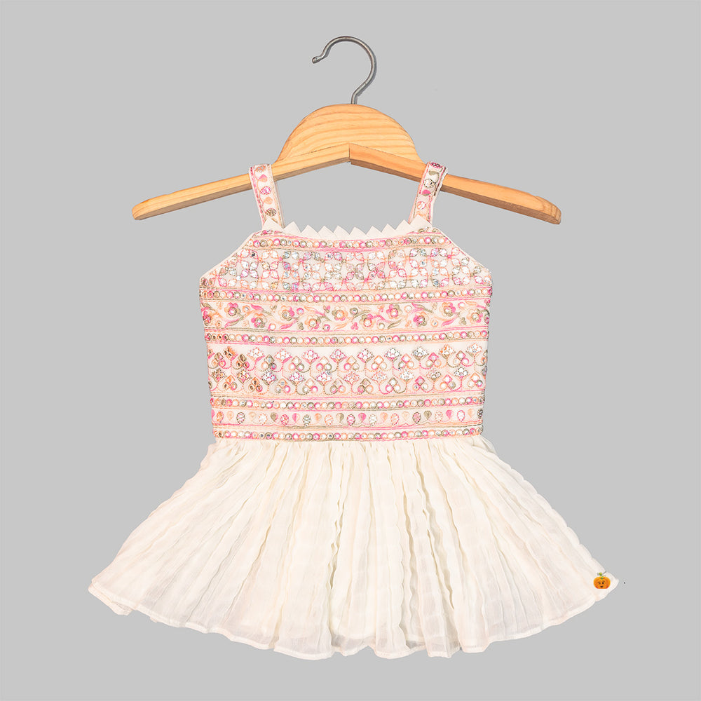 Cream Embroidered Girls Palazzo Suit Top View