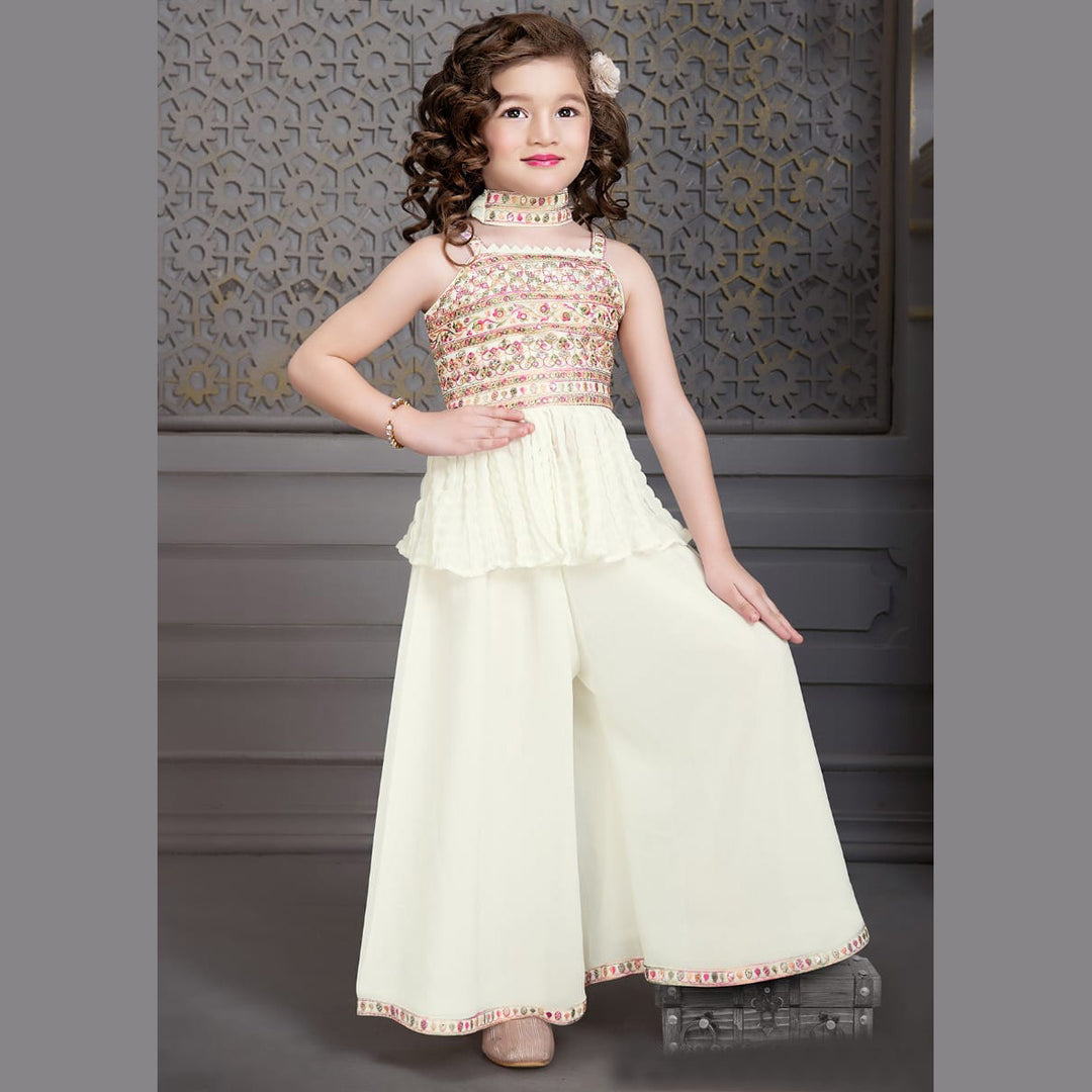 Cream Embroidered Girls Palazzo Suit Front View