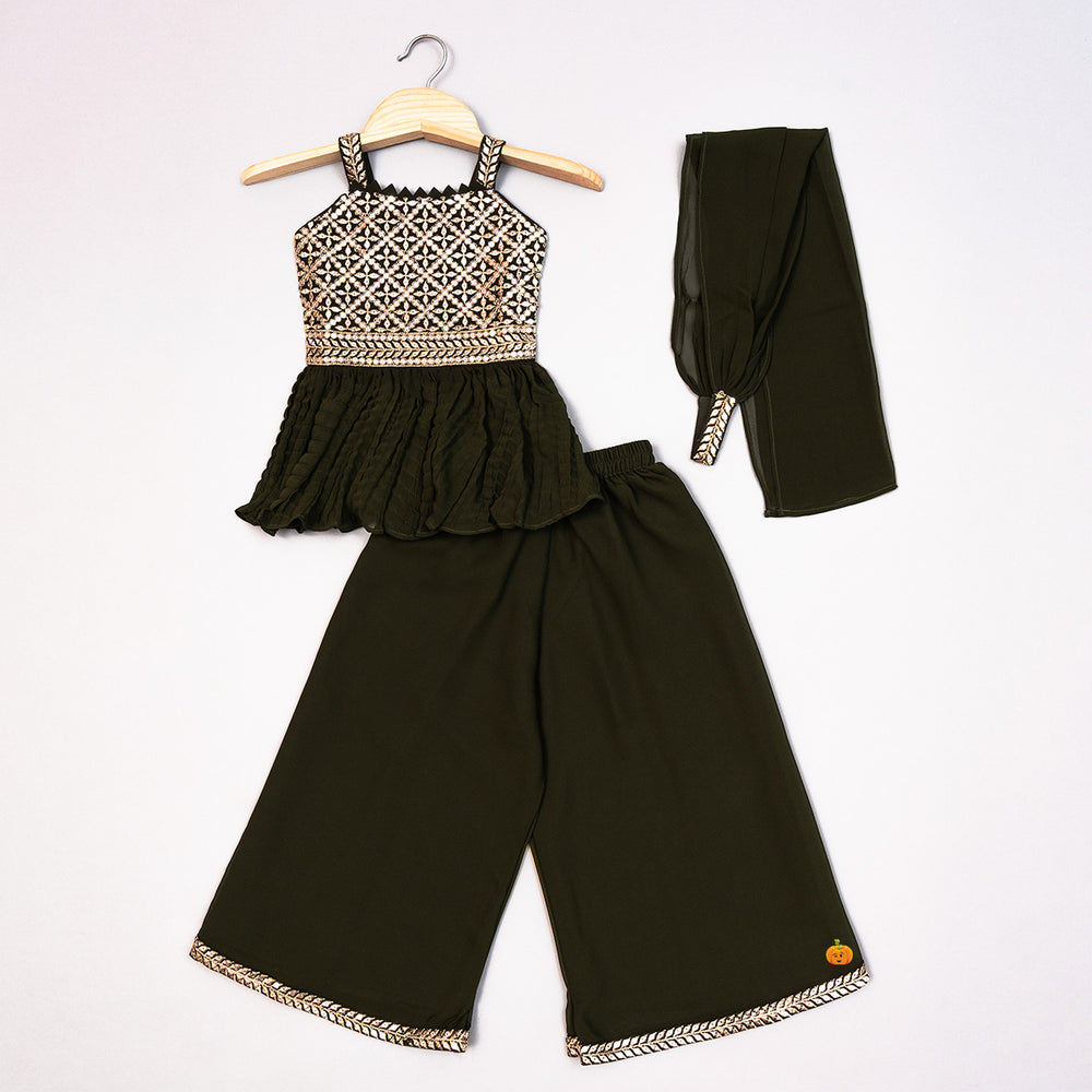 Mehndi Green & Wine Sequin Work Girls Palazzo Suit Front View