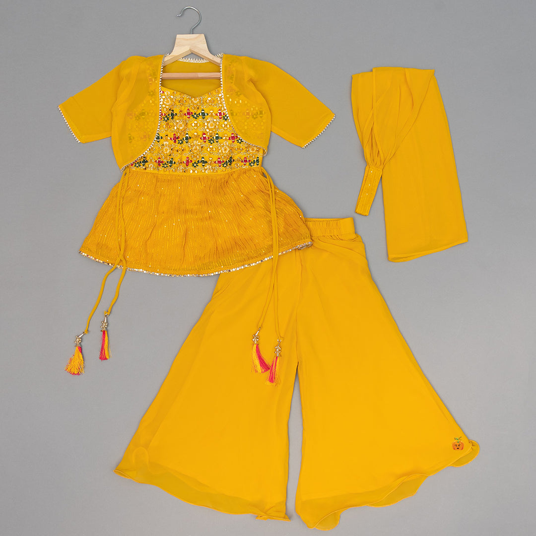 Yellow Mirror Work Girls Palazzo Suit Front View