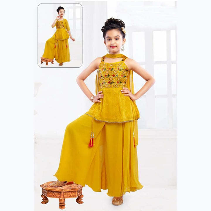 Yellow Mirror Work Girls Palazzo Suit Front View