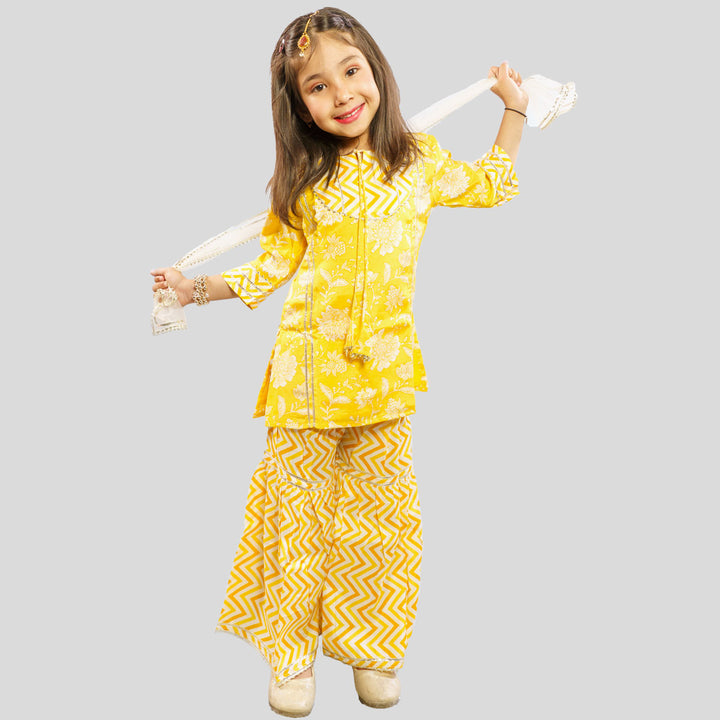 Yellow Floral Printed Sharara Suit for Girls Front View