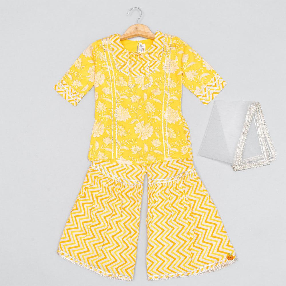 Yellow Floral Printed Sharara Suit for Girls Front View