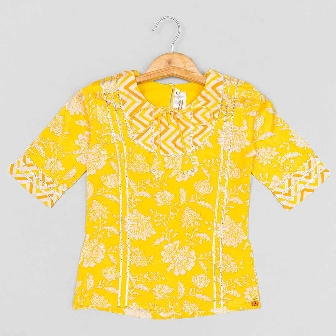 Yellow Floral Printed Sharara Suit for Girls Front View